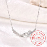925 Silver Crystal Leaf Feather Pendant Necklace For Women