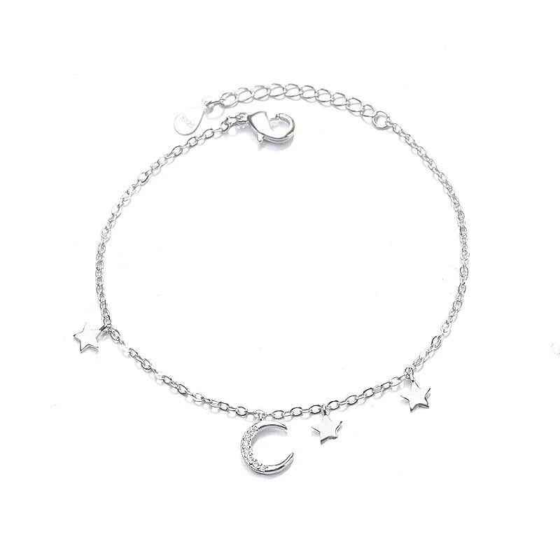 925 Silver Crystal Moon Star Charm Bracelet Women Jewelry Gift