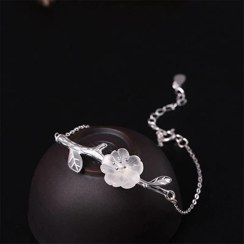 925 Silver Crystal Plum Charm Bracelet Link Chain Bangle Women Accessory
