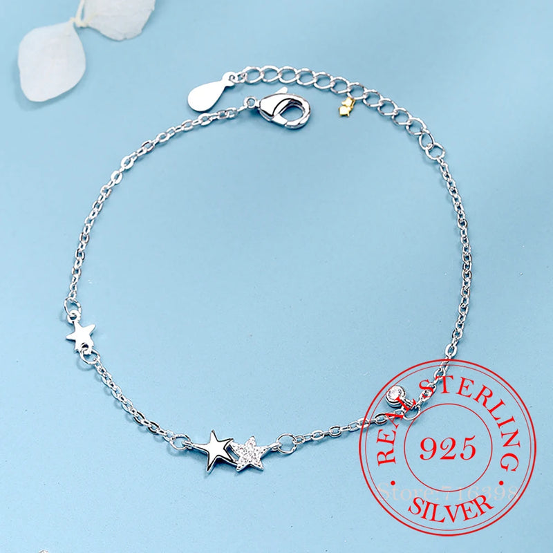 925 Silver Crystal Star Bracelet Women Charm Bangle Jewelry Gift