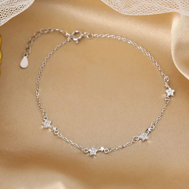 925 Silver Crystal Star Charm Bracelet Bangle Wedding Party Jewelry