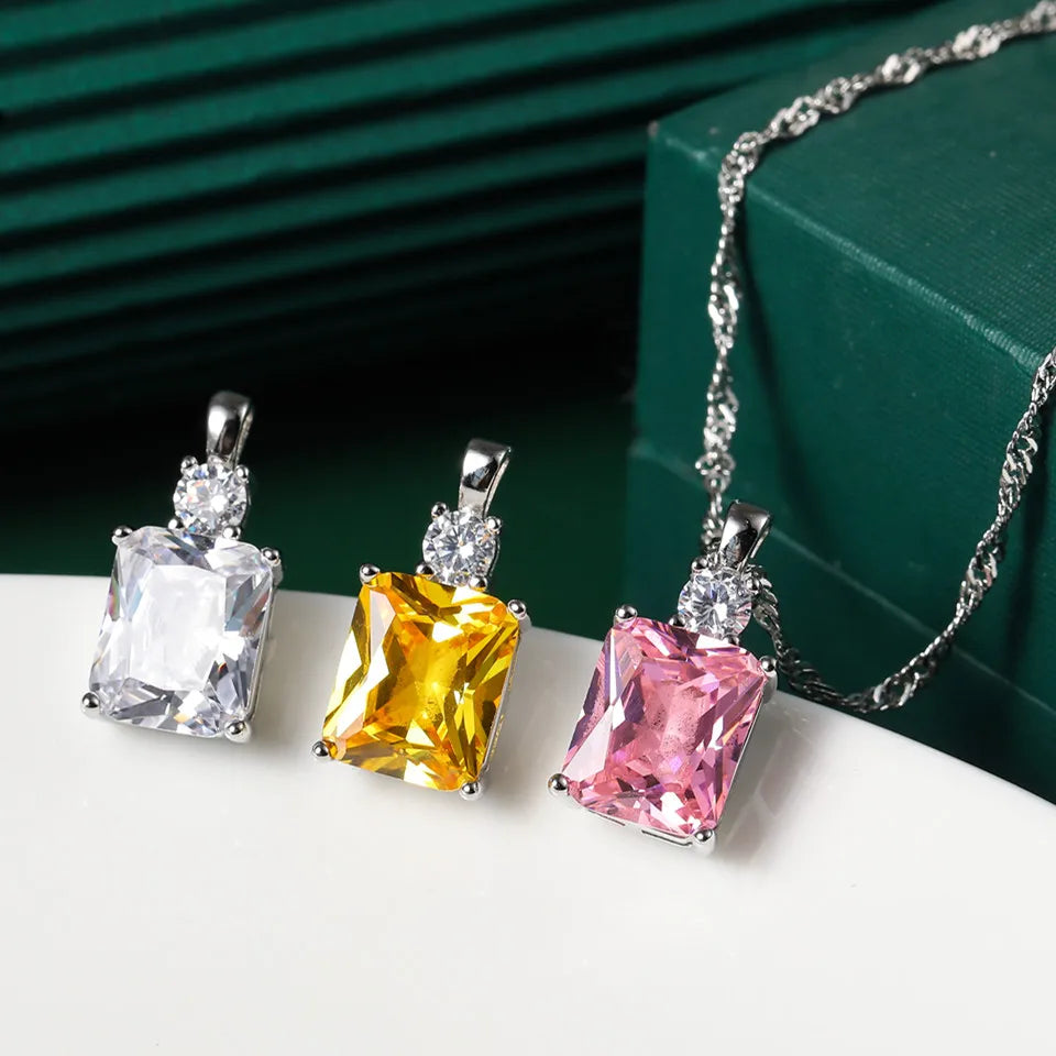 925 Silver Crystal Stone Pendant Necklace Light Colored Zircon Jewelry Chain