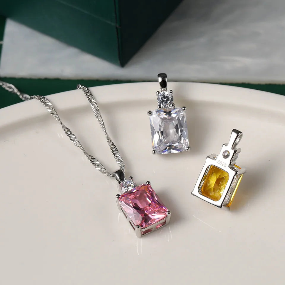 925 Silver Crystal Stone Pendant Necklace Light Colored Zircon Jewelry Chain