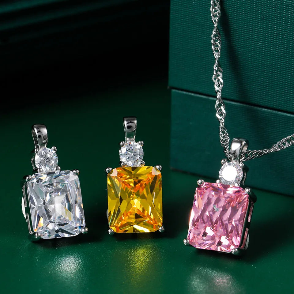 925 Silver Crystal Stone Pendant Necklace Light Colored Zircon Jewelry Chain
