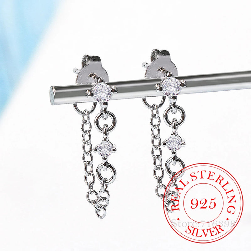 925 Silver Crystal Tassel Drop Earrings Women Statement Jewelry
