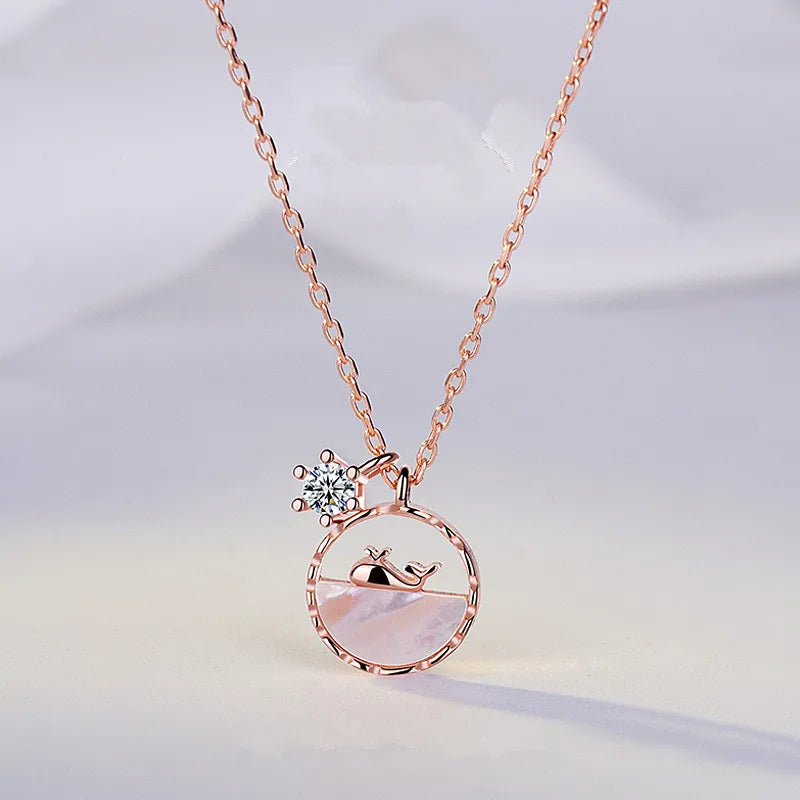925 Silver Crystal Tassel Whale Bead Pendant Necklace For Women