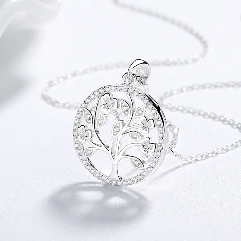 925 Silver Tree of Life Choker Necklace 14K Plated Crystal Pendant