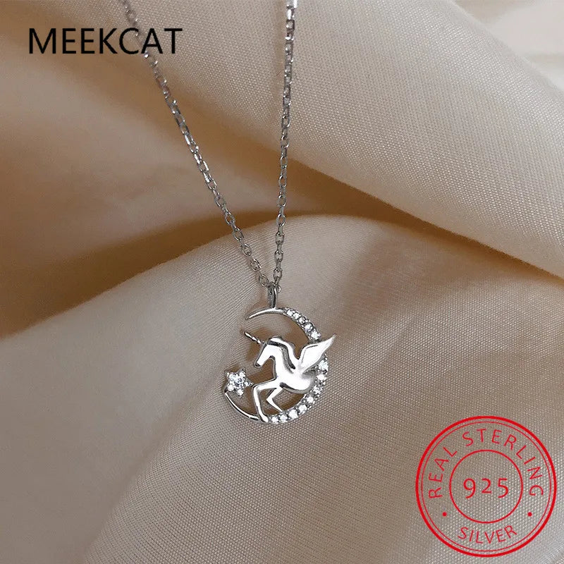 925 Silver Crystal Unicorn Charm Pendant Necklace Wedding Jewelry Choker