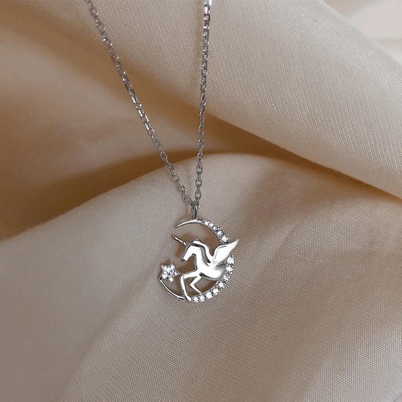 925 Silver Crystal Unicorn Charm Necklace for Women