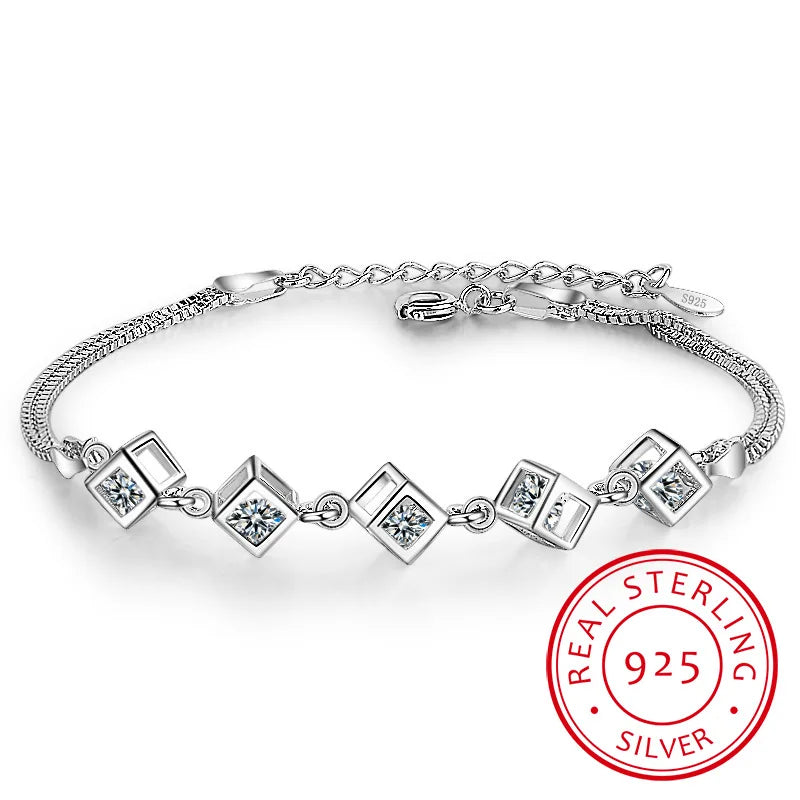 925 Silver Cube Box Bracelet For Women