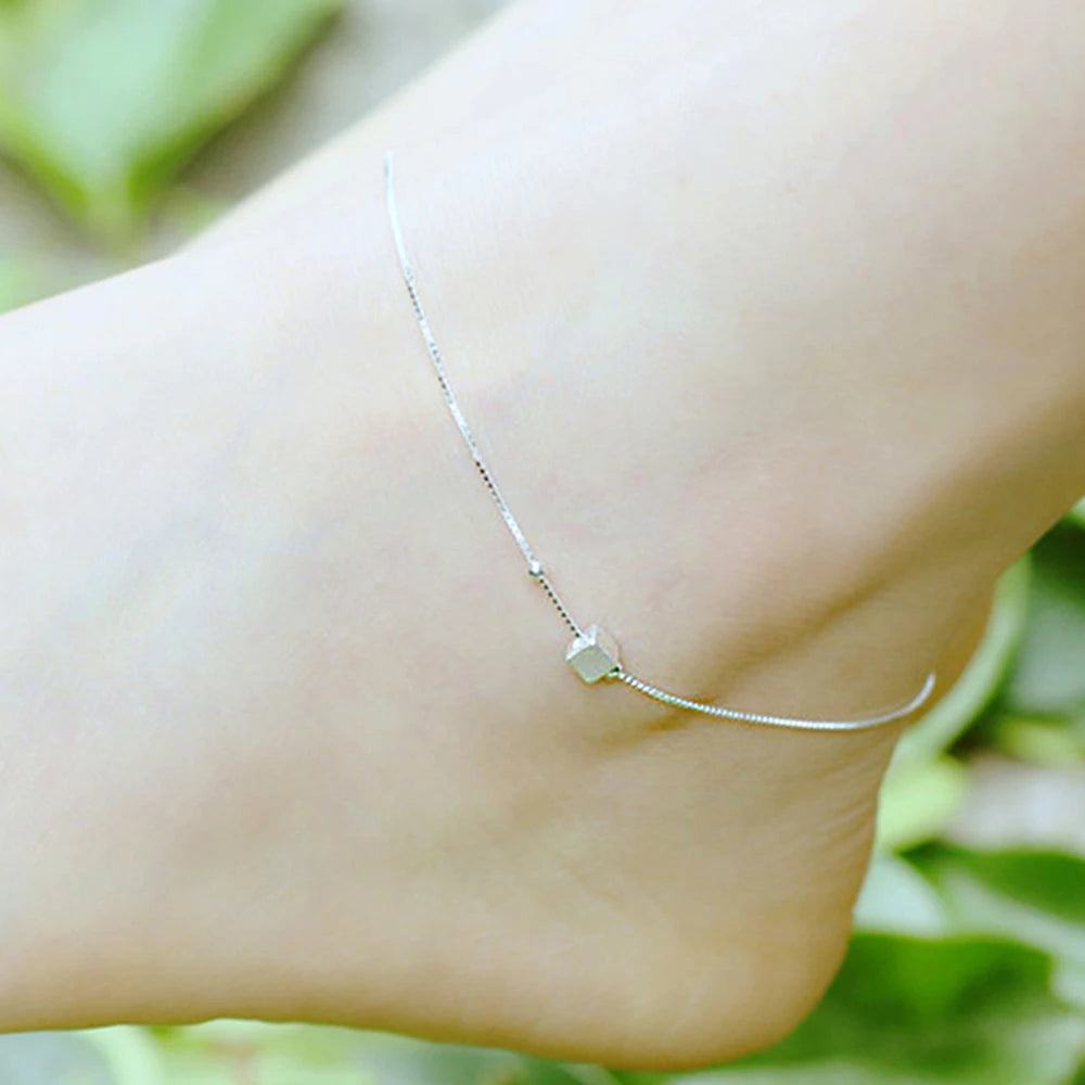 925 Sterling Silver Cube Bohemian Anklets for Women