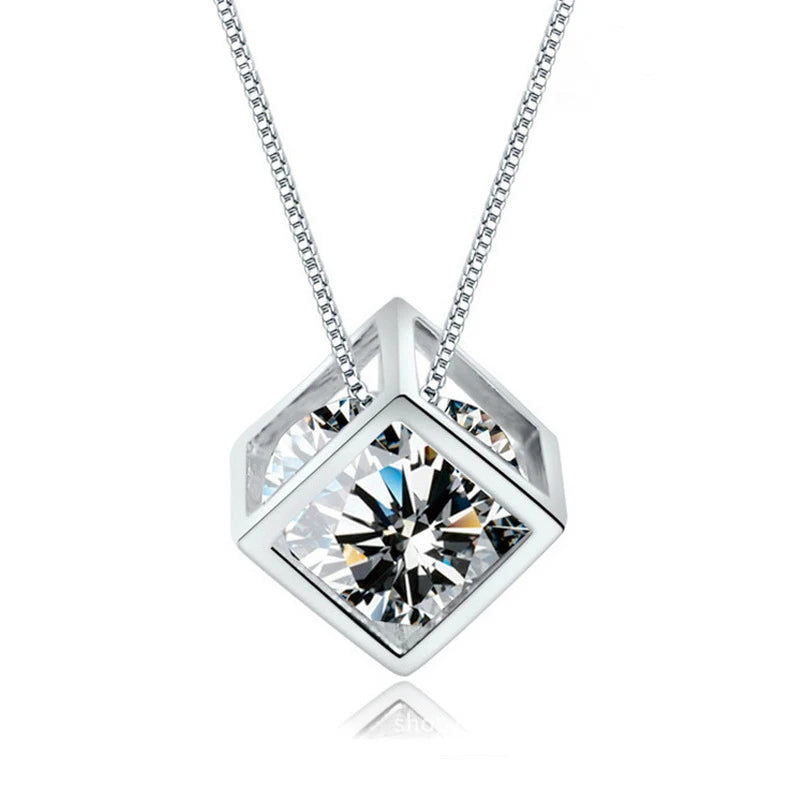 925 Silver Cube Zirconia Pendant Necklace for Women