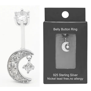 925 Silver CZ Belly Button Ring Moon Dangle Navel Piercing