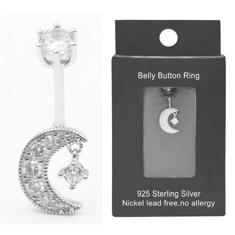 925 Silver CZ Belly Button Ring Moon Dangle Navel Piercing