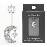 925 Silver CZ Belly Button Ring Moon Dangle Navel Piercing