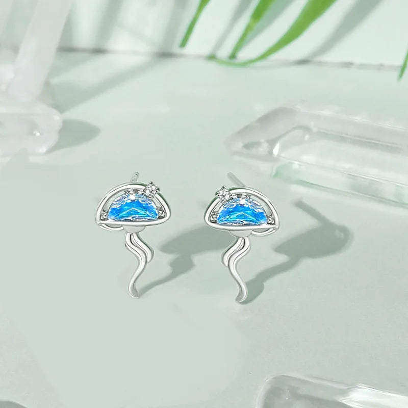 925 Silver CZ Ocean Jellyfish Stud Earrings Rose Plating
