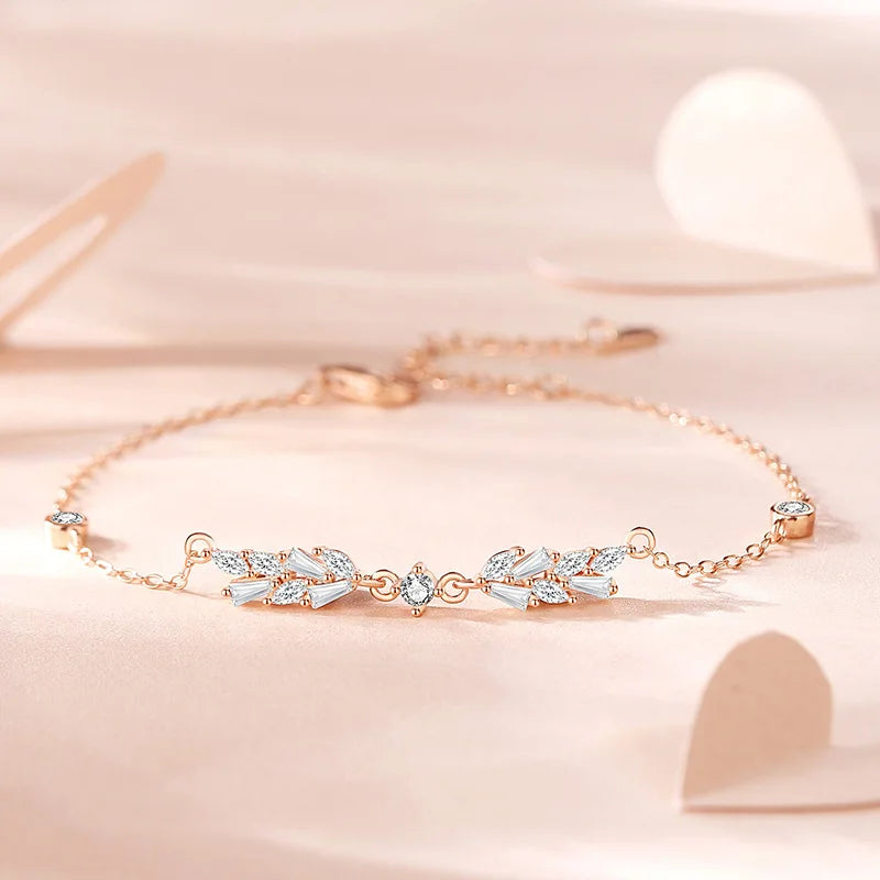 925 Silver CZ Ears Of Wheat Charm Bracelet Rose Plated