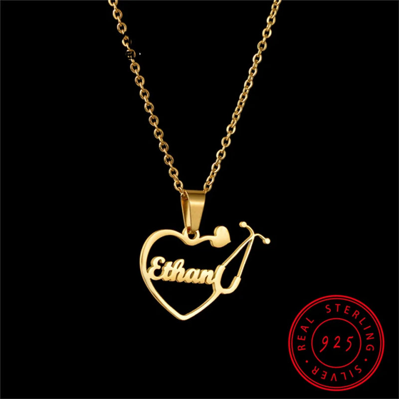 Personalized Love Heart Name Necklace with Stethoscope & Birthstone