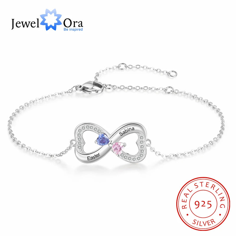925 Silver Infinity Bracelet w/ Heart Birthstone Engrave Name - BA102974