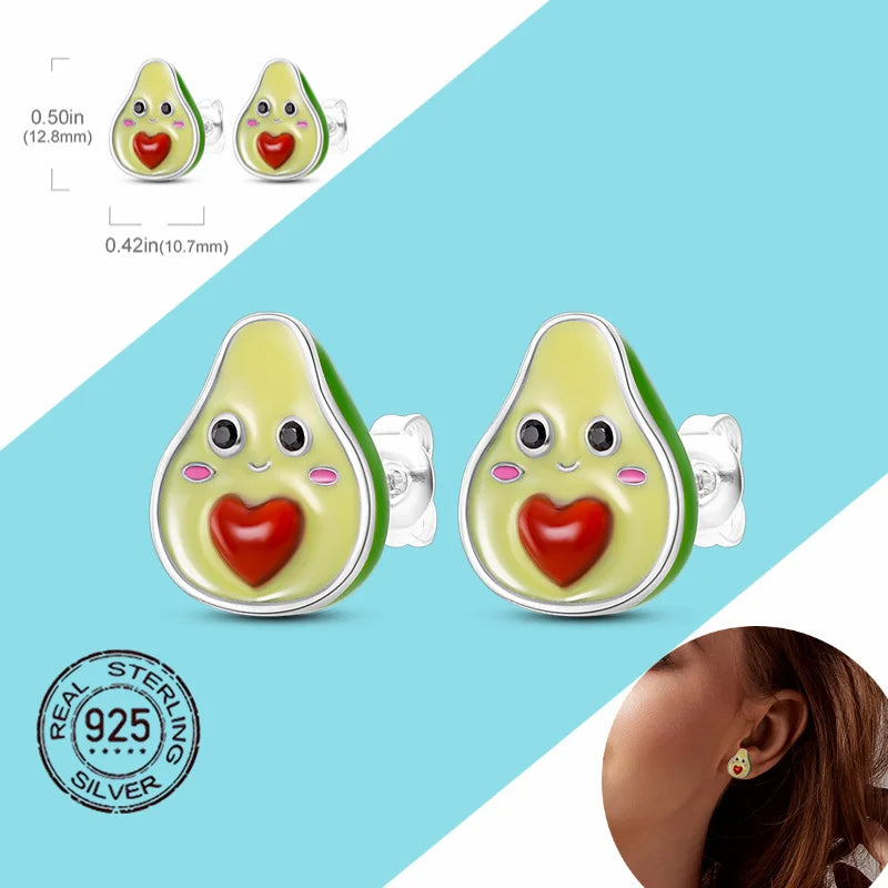 925 Silver Avocado & Heart Dangle Earrings