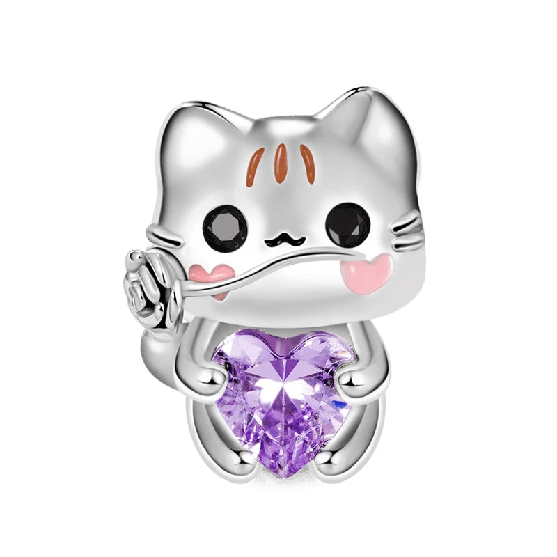 925 Silver Cat Embraces Gemstone Heart Charm Bead for Bracelets