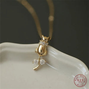 Sterling Silver Cat Pendant Necklace Clear CZ Bowknot 14K Plated Jewelry