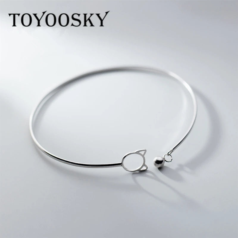 925 Silver Cat Tiny Ball Bracelet Women Slim Animal Jewelry