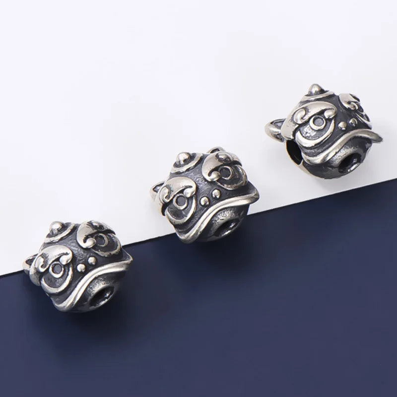 925 Sterling Silver Chinese Lion Charm Bead Vintage Craftwork Spacer DIY Jewelry