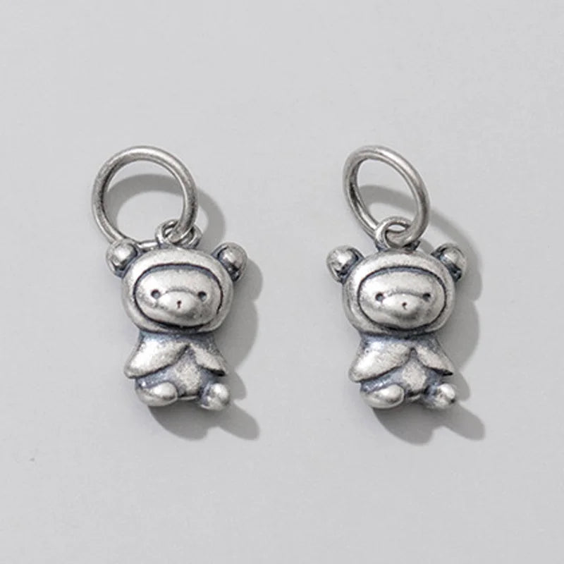 925 Silver Circle Bear Women Charm Matte Pendant DIY Jewelry