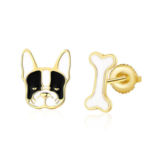 925 Silver Dog Head & Bone Stud Earrings Birthday Jewelry for Women Girls