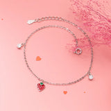 925 Silver Strawberry Charm Anklets CZ Beach Chain