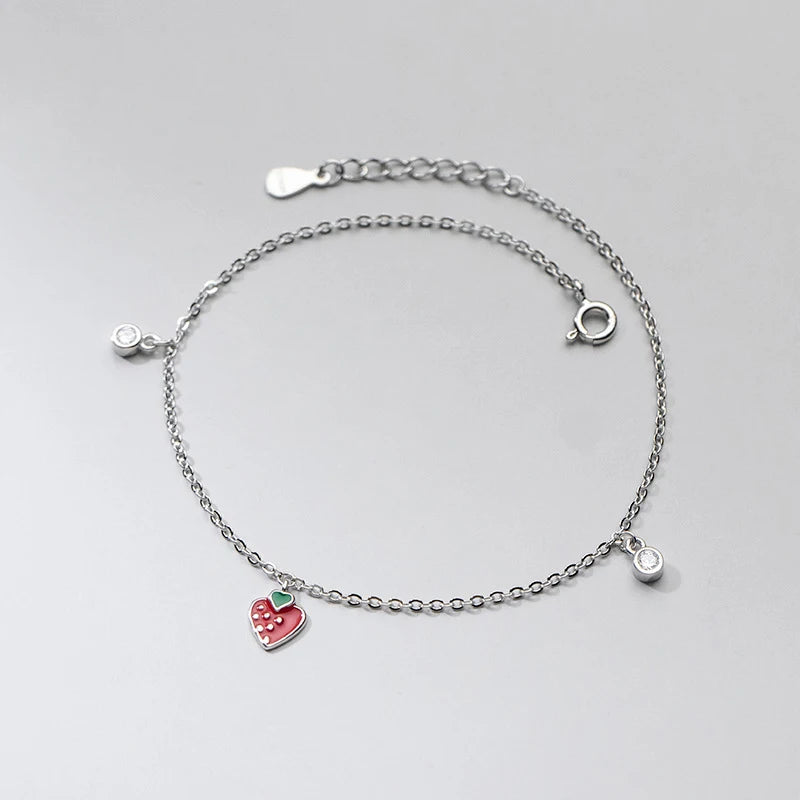 925 Silver Strawberry Charm Anklets CZ Beach Chain