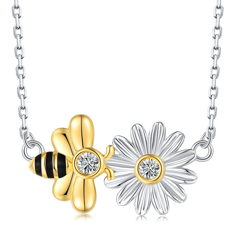 925-Sterling-Silver Bee Sunflower Pendant Necklace Jewelry Gift