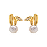 925 Silver Pearl Zircon Rabbit Ear Studs Earring for Women