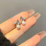 925 Silver Pearl Zircon Rabbit Ear Studs Earring for Women
