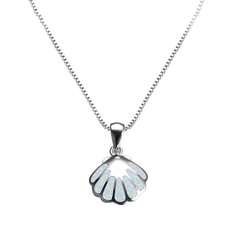 925 Silver Shell Pendant Necklace Fire Opal Stone Female Summer Beach Jewelry