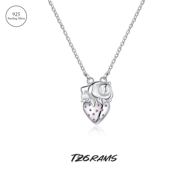 925 Silver Necklace Strawberry Bear Platinum Plated Jewelry