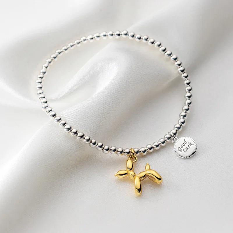 925 Silver Balloon Dog Bead Bracelet Good Luck Elastic Puppy Bracelet