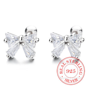 925 Silver Crystal Bowknot Thread Stud Earrings For Women Kids