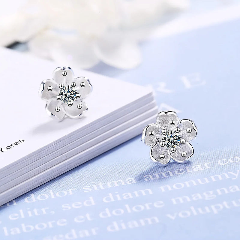 925 Silver Cherry Blossom Zirconia Earrings Fine Jewelry