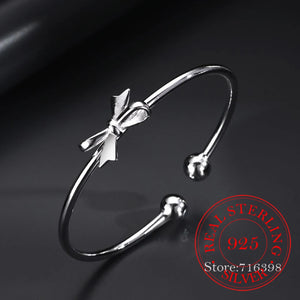 925 Silver Bow Bangles for Women Bracelets Fine Party Jewelry
