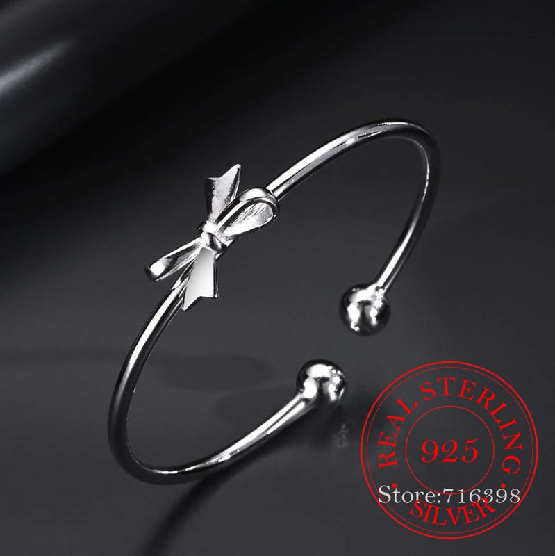 925 Silver Bow Bangles for Women Bracelets Fine Party Jewelry