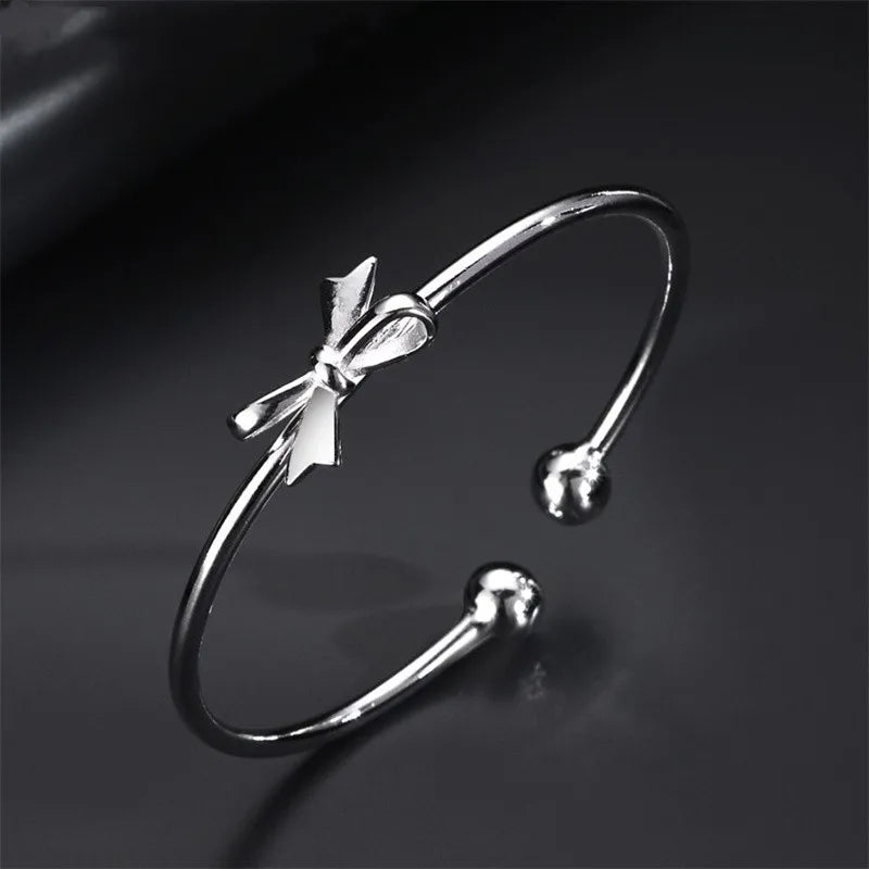 925 Sterling Silver Bow Cuff Women's Bracelet Wedding Jewelry