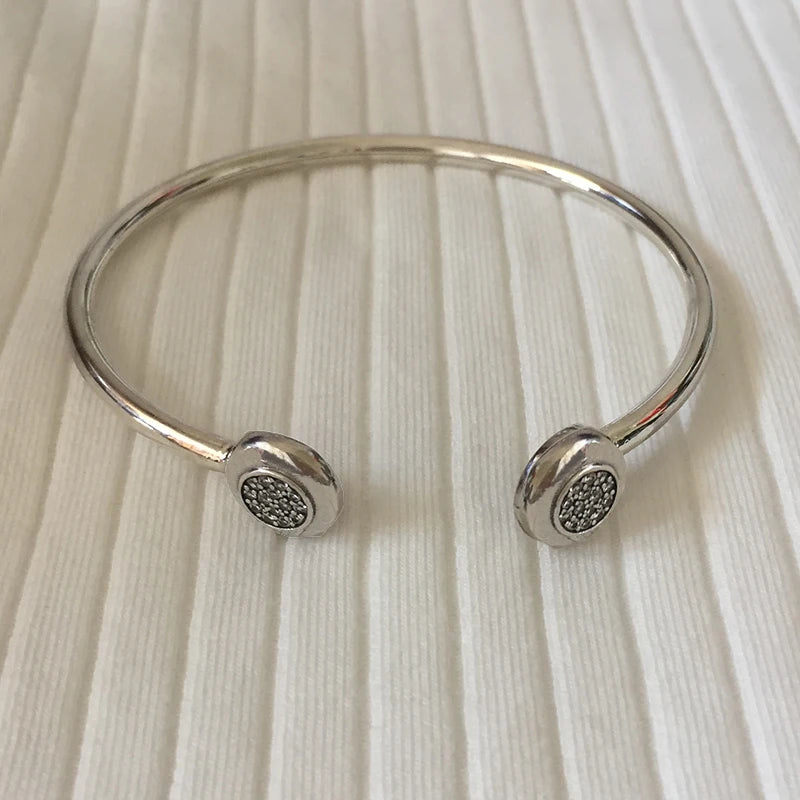 925 Silver Cz Disc Ends Cuff Bangle Bracelet Womens