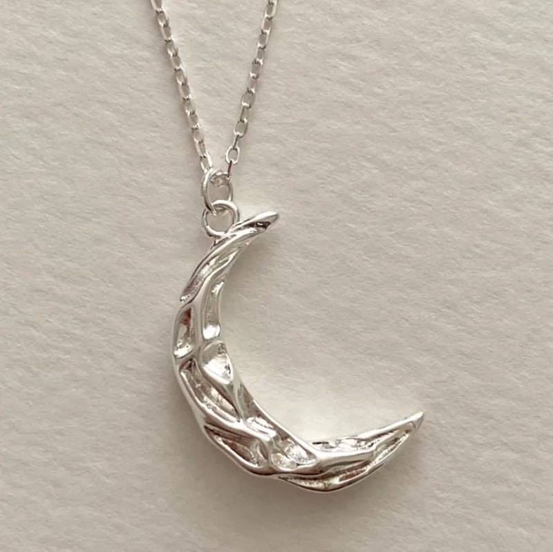 925 Silver Minimalist Hammered Crescent Moon Phase Necklace