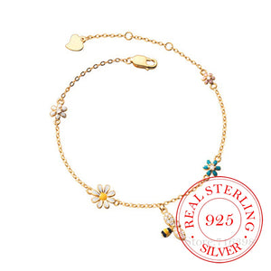 925 Silver Daisy Bee Charm Bracelet Women Girls Wedding Bangle Jewelry