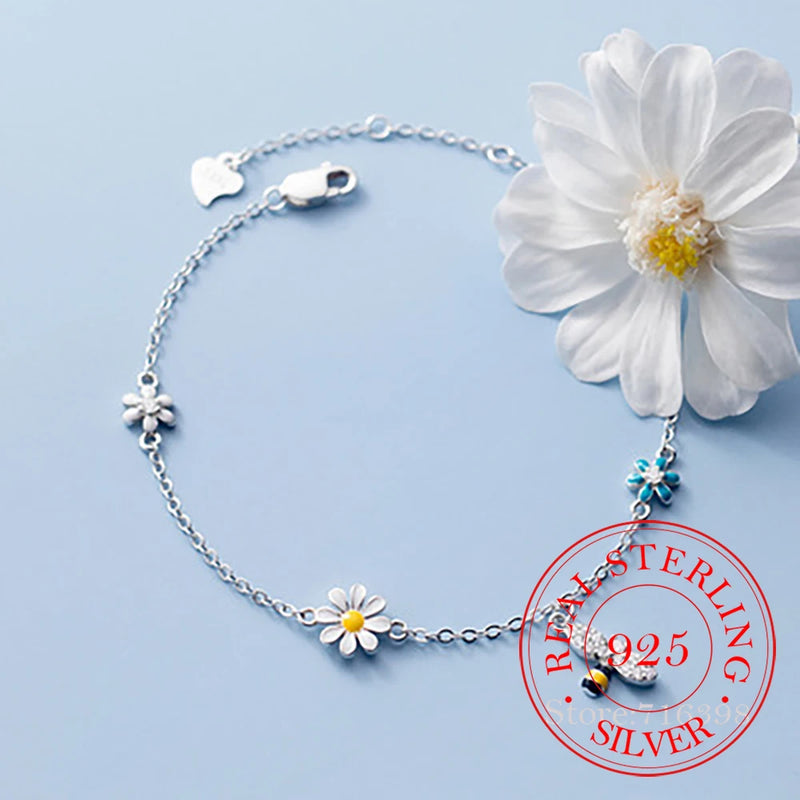 925 Silver Daisy Bee Charm Bracelet Women Girls Wedding Bangle Jewelry