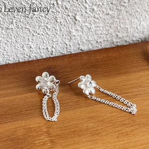 925 Silver Chain Tassel Daisy Flowers Earrings CZ Long Earrings for Women