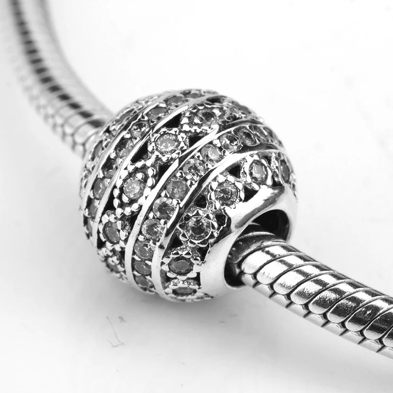 925 Silver Clear CZ Charm Beads DIY Bracelet Bangle Necklace