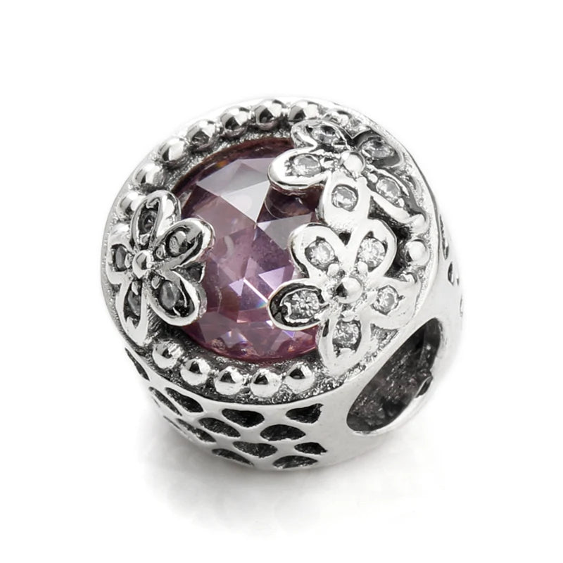 925 Silver Daisy Meadow Pink/Clear CZ Beads Charms Fit Bracelet DIY
